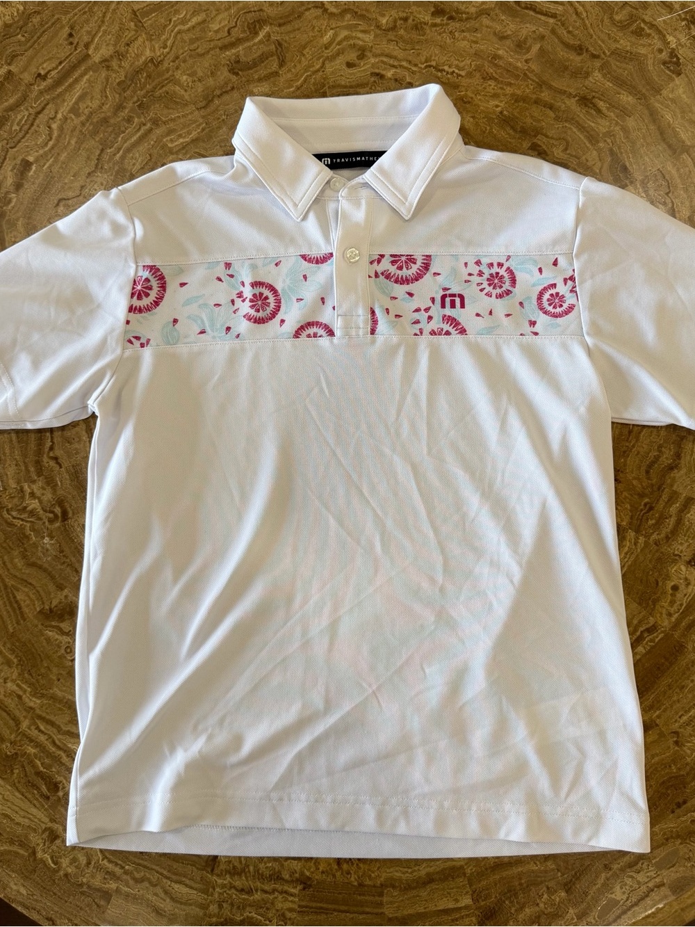 TravisMathew Boys Good Good Flourish Golf Polo Shirt White Pink Size Youth M